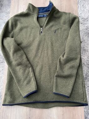 Nautica Olive Green Half-Zip Fleece Pullover with Navy Trim